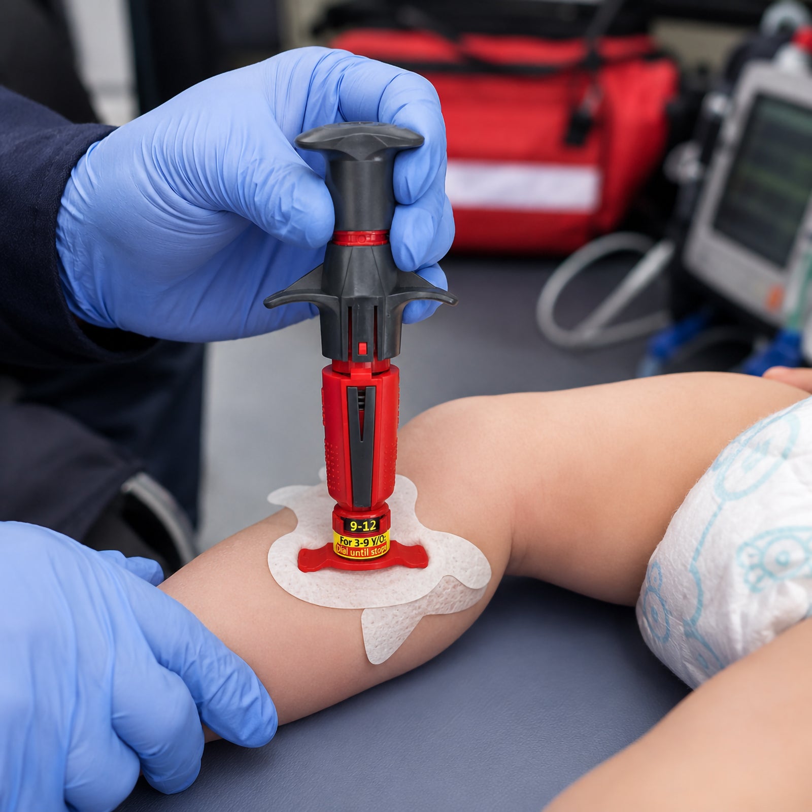 NIO Infant Intraosseous Device positioned on an infant training mannequin leg during a simulated emergency procedure. Blue gloved clinical hands support the limb while the red and black automatic IO device is shown with a fixation dressing around the placement area. Emergency medical equipment appears softly in the background, illustrating a controlled clinical training environment for infant vascular access.