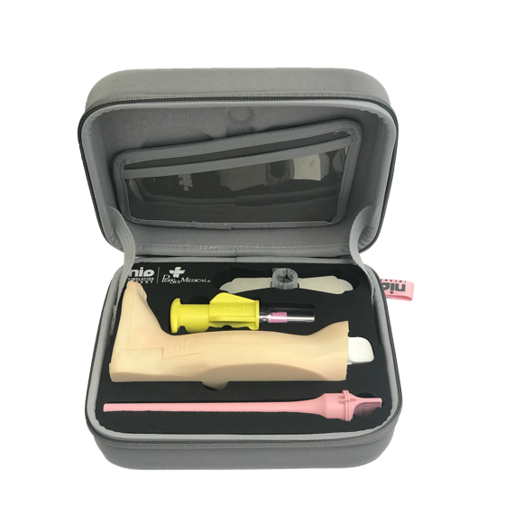 NIO Infant SIM Trainer Kit showing complete paediatric IO simulation training kit with infant NIO device and leg model for infant IO access skills training