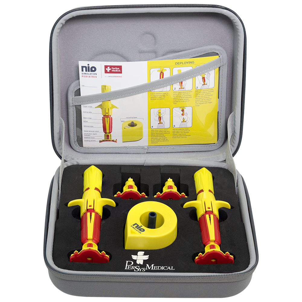 NIO Trainer and Reload Kit Adult Needleless Intraosseous Training system showing 2 training guns and reload mechanism for safe IO access technique practice without sharps risk