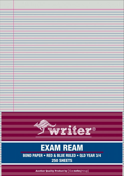 Writer A4 Exam Paper QLD Year 3 4 Red Blue Ruled Portrait Ream 250 Sheets — front of ream