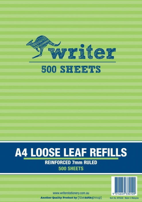 Writer A4 Reinforced Binder Refills 7mm Ruled Pack of 500 Sheets