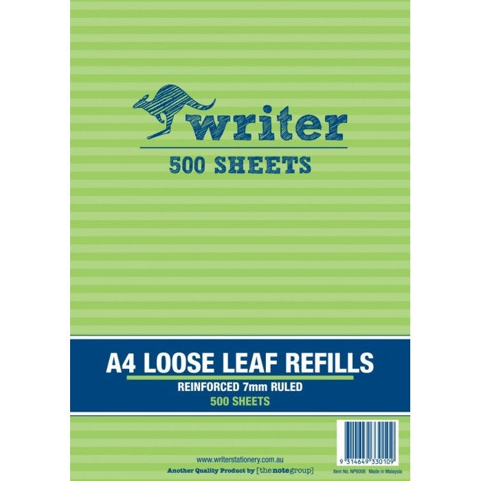 Writer A4 Reinforced Binder Refills 7mm Ruled Pack of 500 Sheets