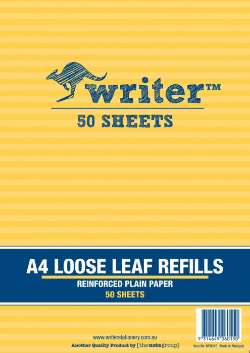 Writer A4 Reinforced Binder Refills Plain Refills Pack of 50 Sheets