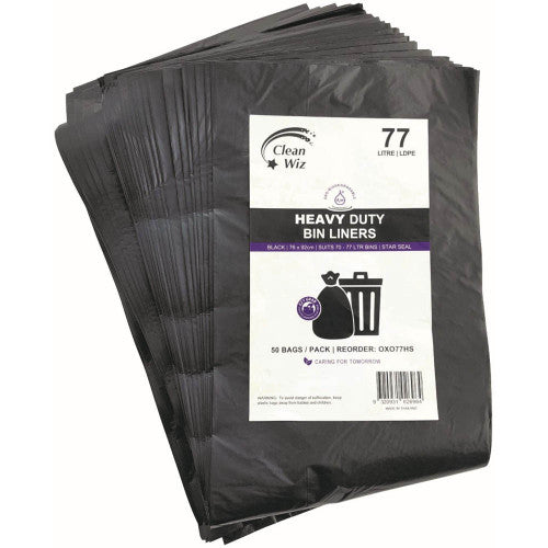 The Note Group Clean Wiz Oxo-Biodegradable Heavy Duty Bin Liner 77L Black Star Seal Pack of 50 Box of 5
