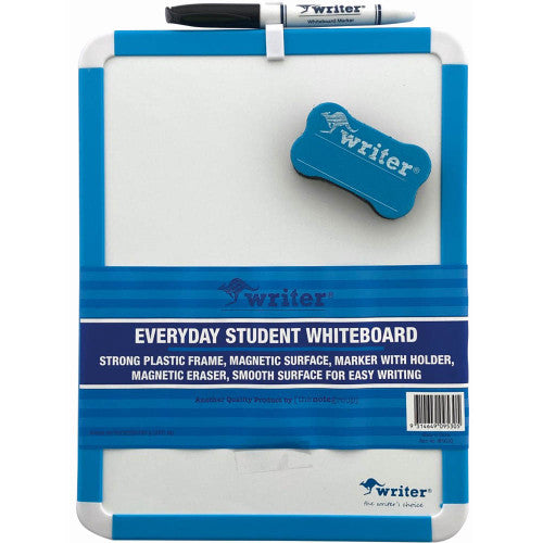 Writer Everyday Student Magnetic Whiteboard 360 x 280mm with Marker and Magnetic Dog Bone Eraser Blue