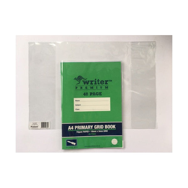 Protext Book Jacket A4 Clear Pack 10 — applied to exercise book showing protection
