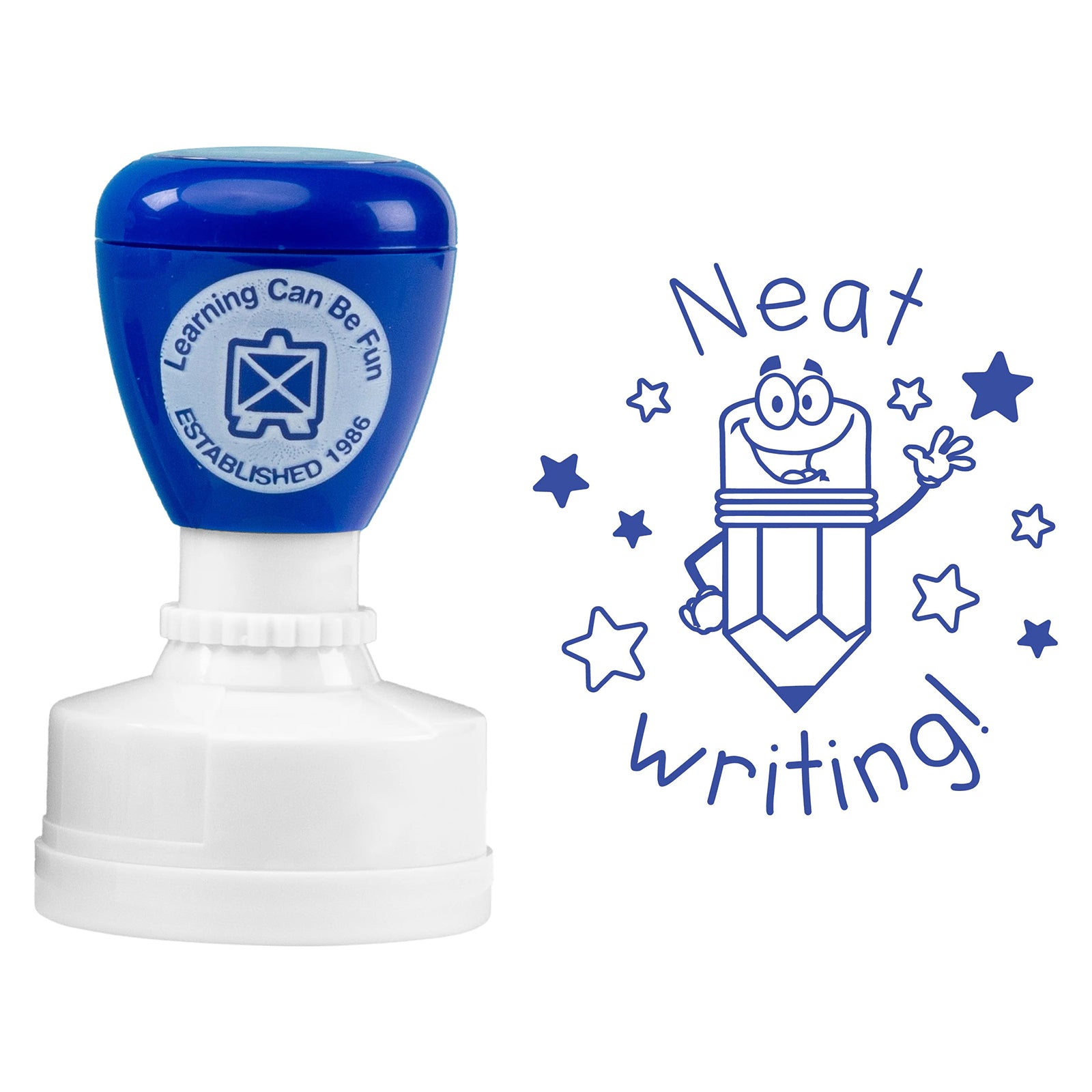 Product image showing the self inking stamp alongside the Neat Writing artwork. The smiling pencil character and decorative stars create a fun and motivating reward that encourages handwriting excellence.