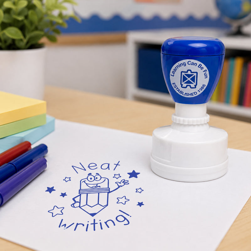 Self inking blue merit stamp positioned beside coloured markers and classroom stationery. The Neat Writing message is clearly stamped on paper, making it ideal for recognising tidy handwriting and well presented work.
