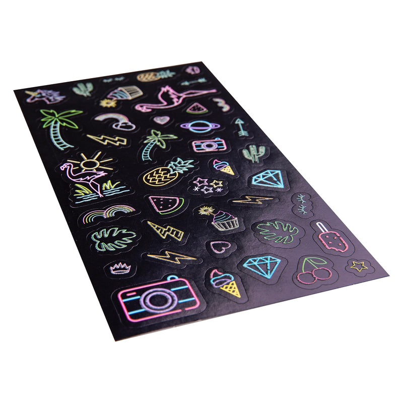 Angled product view highlighting the individual glow stickers on a black backing sheet. The neon style outlines enhance the vibrant colours and detailed illustrations.