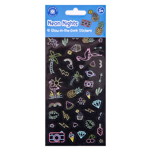 Retail packaging of the Learning Can Be Fun Neon Nights Glow Sticker Set displaying branding, age suitability and a preview of the colourful glow in the dark sticker collection.