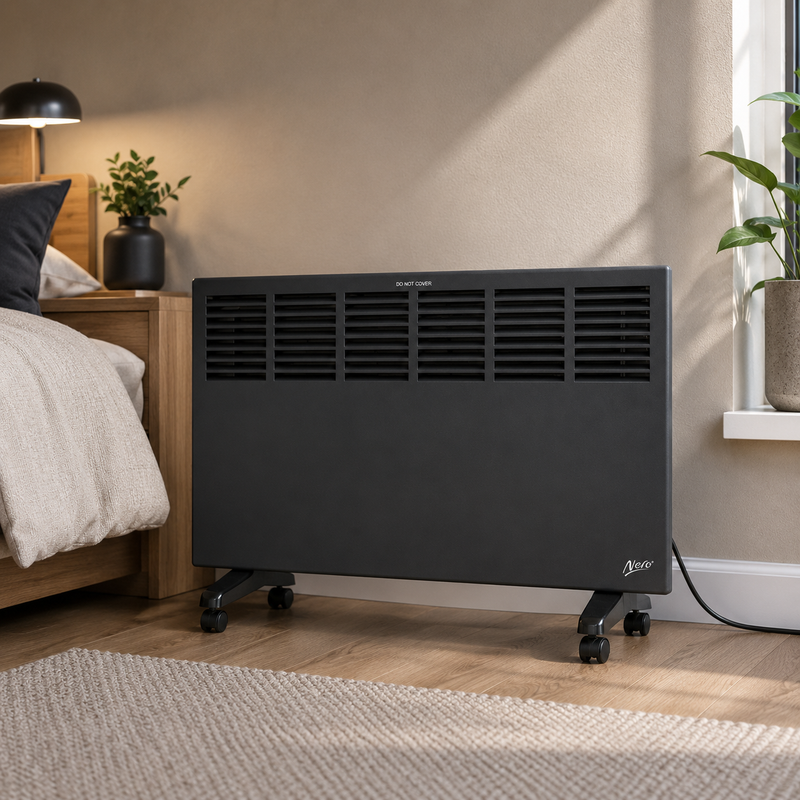 Nero Edge black convector heater on castors in a modern living room beside a sofa, wooden cabinet and woven rug.