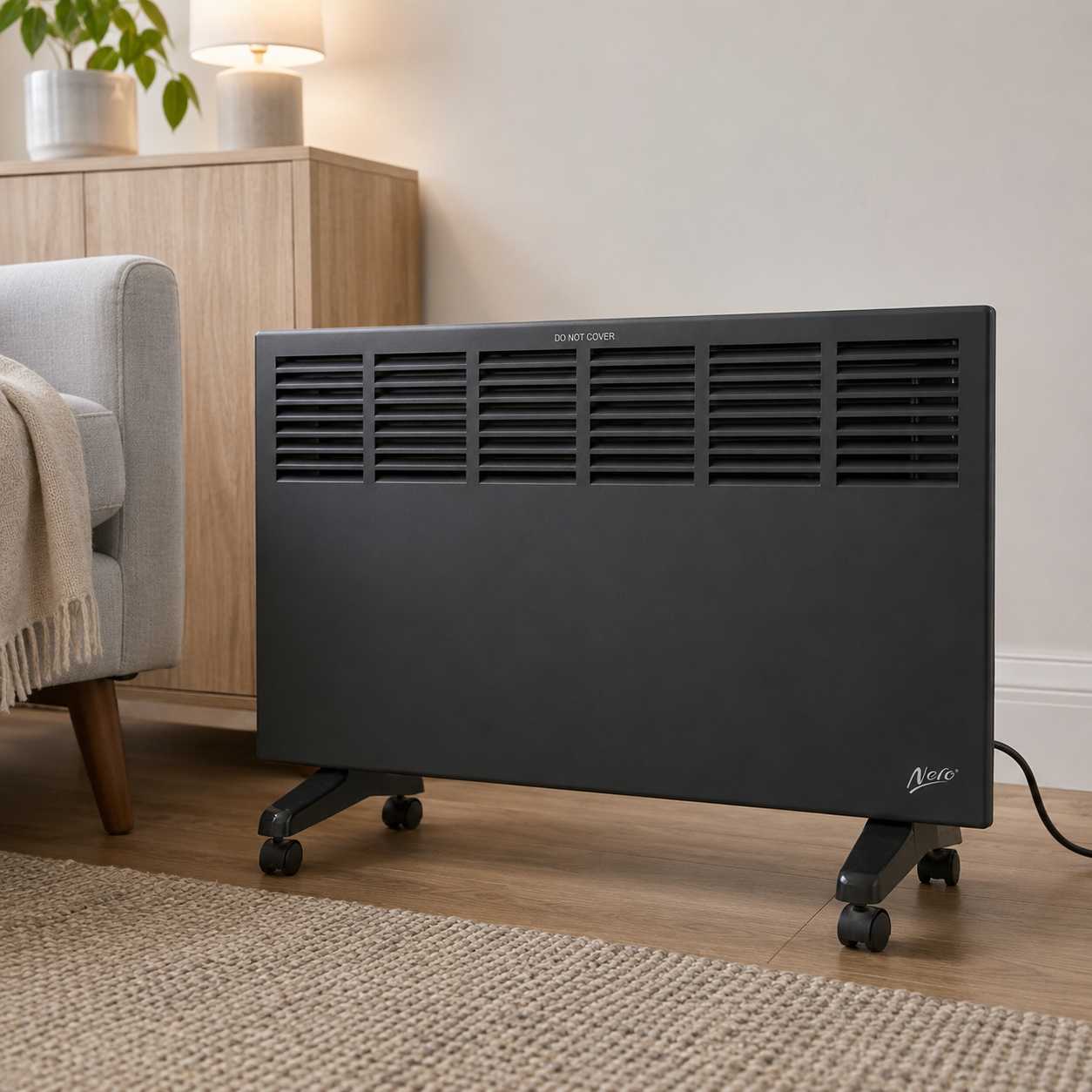 Nero Edge black convector heater in a warm bedroom setting beside a bed, bedside table and soft neutral décor.