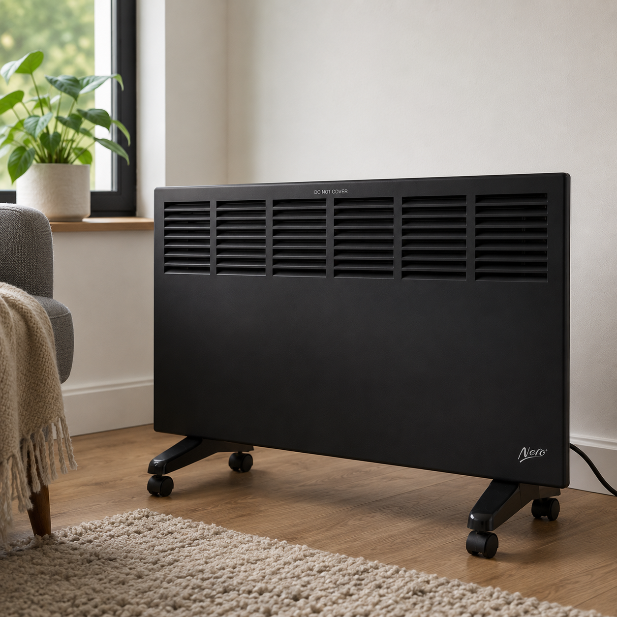 Nero Edge black convector heater positioned near a window in a cosy living area with timber flooring, rug and indoor plant.