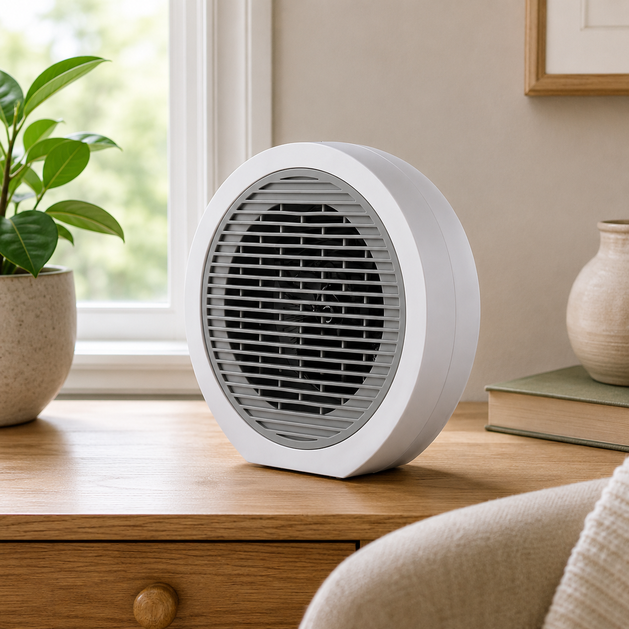 White Nero globe fan heater displayed on a wooden tabletop beside a window with plant, vase and soft natural light.