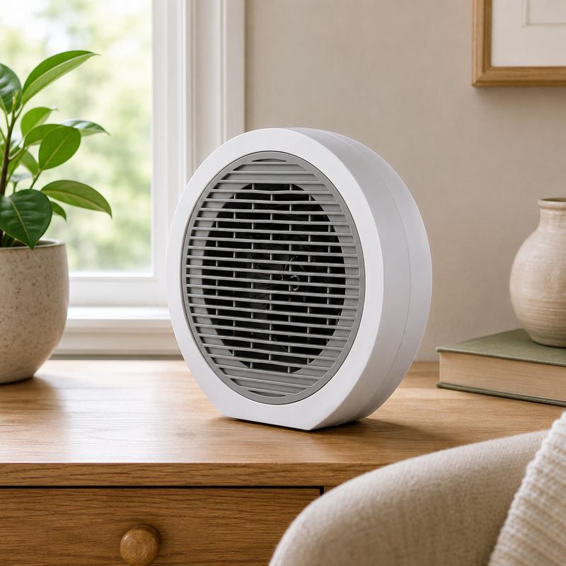 White Nero globe fan heater displayed on a wooden tabletop beside a window with plant, vase and soft natural light.