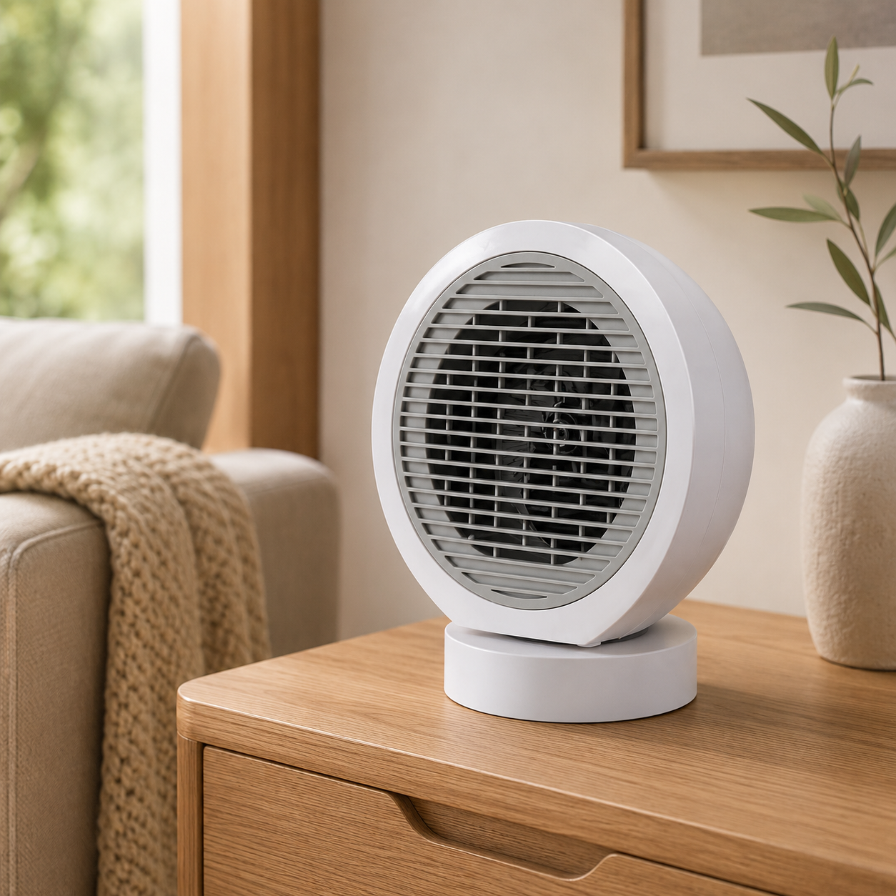 White Nero fan heater on a wooden table beside a bright window with greenery and warm natural styling.