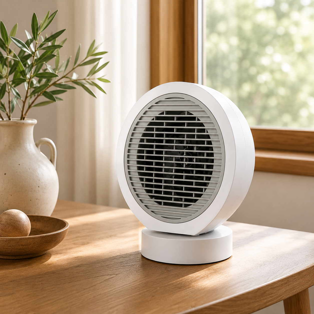 White Nero 2000W oscillating fan heater on a wooden bedside table in a warm neutral bedroom setting.