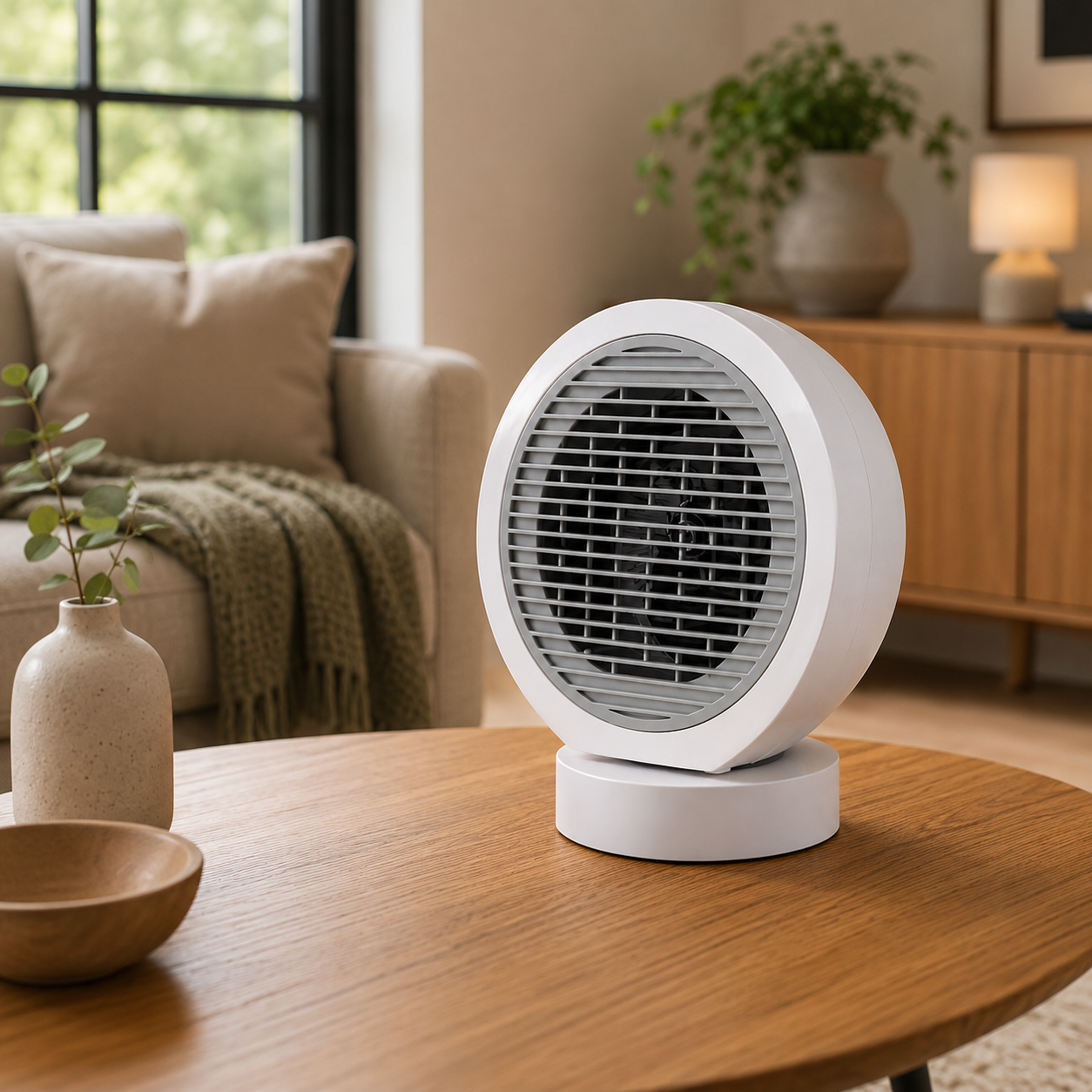 White Nero oscillating fan heater displayed on a wooden coffee table in a cosy living room with sofa and soft natural light.
