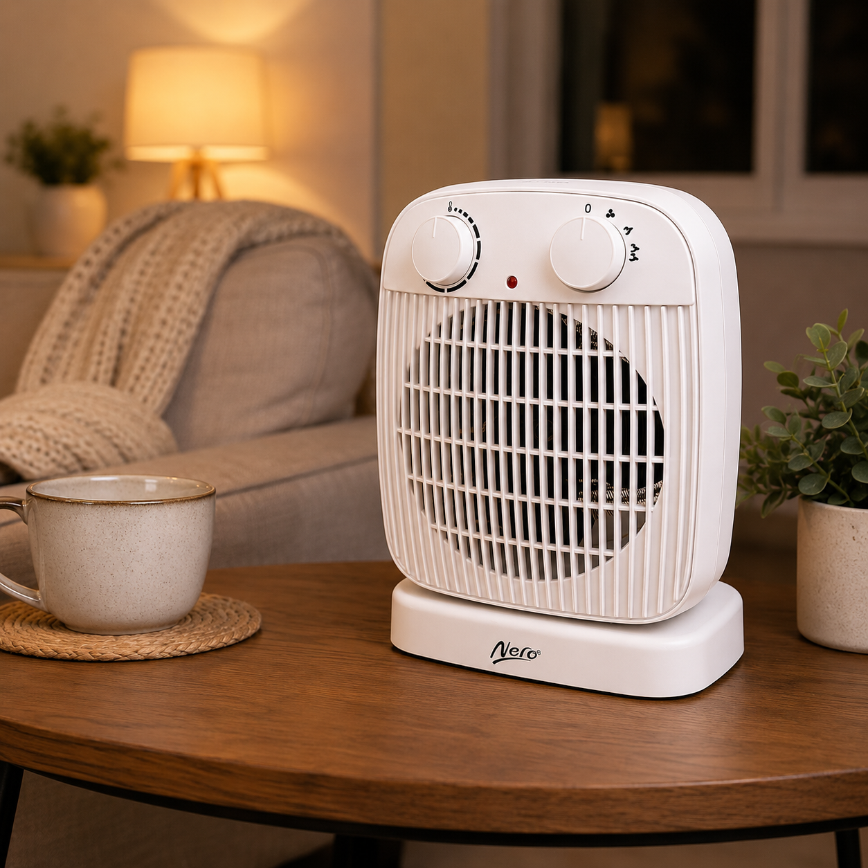 White space heater on a wooden table with a cozy living room background