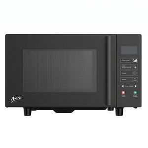 Nero flatbed microwave in black, front view, showing the white LED display and control panel with preset buttons