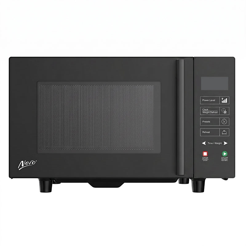 Nero flatbed microwave in black, front view, showing the white LED display and control panel with preset buttons