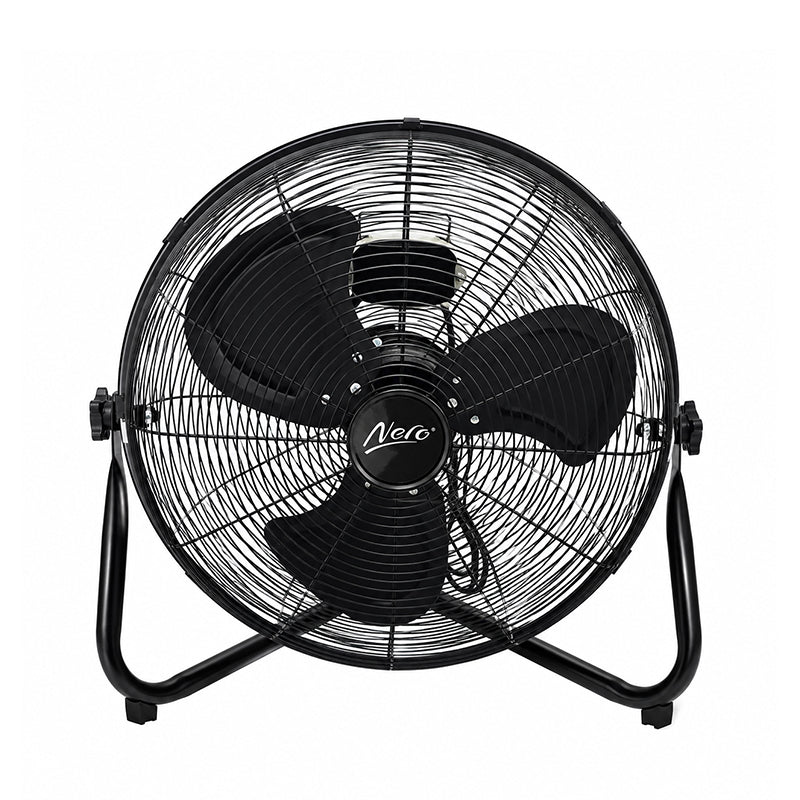 Nero Industrial Floor Fan 50cm Black, front view showing three black blades behind the metal guard on its tubular stand