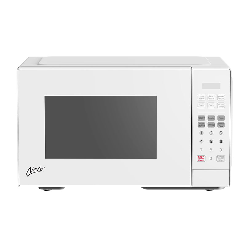 Nero 25L white microwave, front view, showing the LED display and digital keypad with numbered buttons and one touch presets