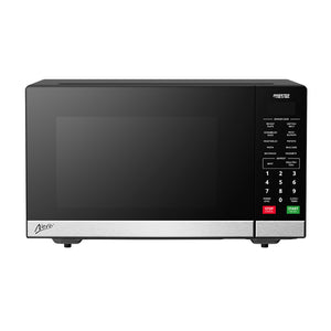 Nero 45L Stainless Steel Black Inverter Microwave - front view showing jet black housing with brushed stainless steel trim, digital LED display, push button door, and 45L capacity