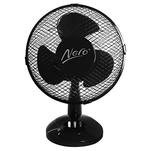 Nero 7490231 black desk fan from the front, with three black blades behind a round black wire guard carrying the Nero logo, on a round black base