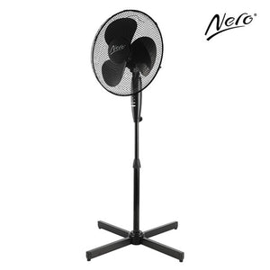 Nero 7490401 black 40cm pedestal fan on a black cross base, with three black blades, the Nero logo on the centre cap and buttons on the stem