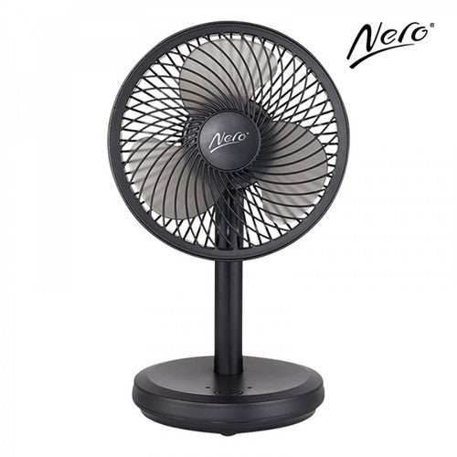 Nero 7490131 black USB desk fan from the front, three grey blades behind a round black guard with the Nero logo, on a slim stem and round base