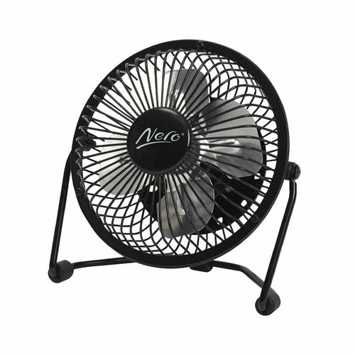 Nero 749901 black USB mini fan from the front, four silver aluminium blades behind a round black wire guard with the Nero logo on the centre hub