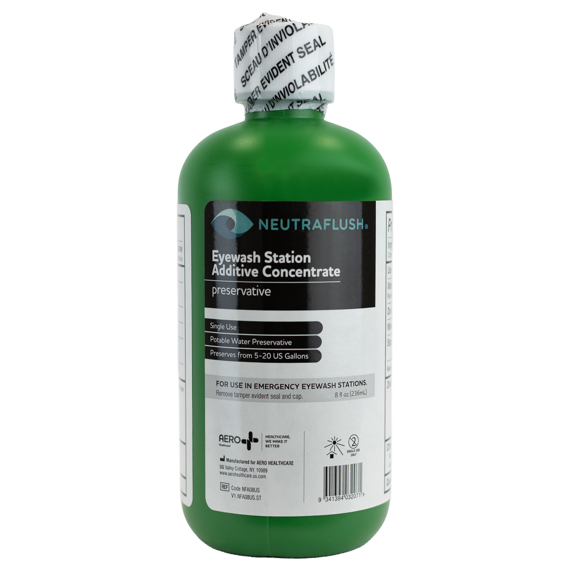 Neutraflush Eyewash Station Additive Concentrate showing concentrate for plumbed emergency eyewash station water treatment to improve irrigation comfort and compliance