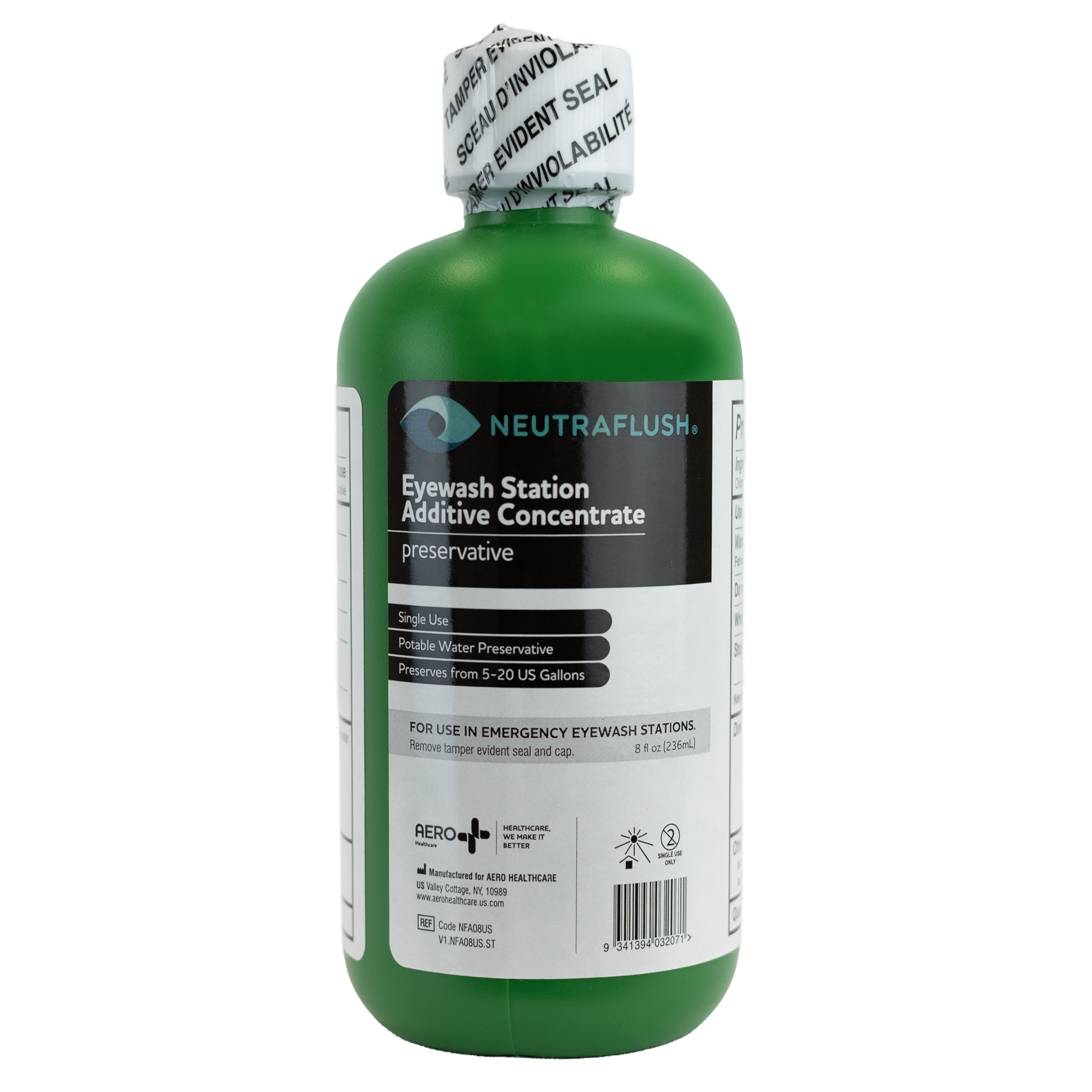 Neutraflush Eyewash Station Additive Concentrate showing concentrate for plumbed emergency eyewash station water treatment to improve irrigation comfort and compliance