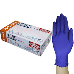 Ni-Tek accelerator free nitrile examination gloves in blue-purple, extra large size, shown with a single glove in front of the dispenser box of 100 on a plain background