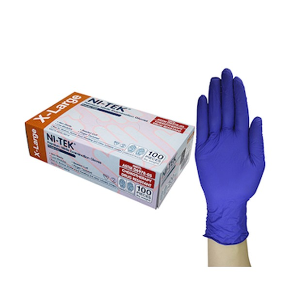 Ni-Tek accelerator free nitrile examination gloves in blue-purple, extra large size, shown with a single glove in front of the dispenser box of 100 on a plain background