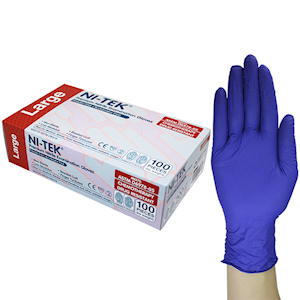 Ni-Tek accelerator free nitrile examination gloves in blue-purple, large size, shown with a single glove in front of the dispenser box of 100 on a plain background