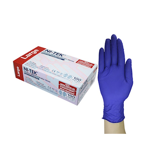 Ni-Tek accelerator free nitrile examination gloves in blue-purple, large size, shown with a single glove in front of the dispenser box of 100 on a plain background