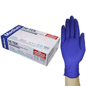 Ni-Tek accelerator free nitrile examination gloves in blue-purple, medium size, shown with a single glove in front of the dispenser box of 100 on a plain background