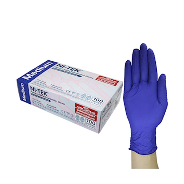 Ni-Tek accelerator free nitrile examination gloves in blue-purple, medium size, shown with a single glove in front of the dispenser box of 100 on a plain background