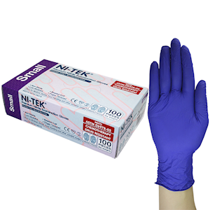 Ni-Tek accelerator free nitrile examination gloves in blue-purple, small size, shown with a single glove in front of the dispenser box of 100 on a plain background