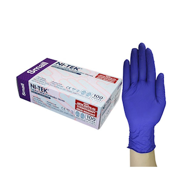 Ni-Tek accelerator free nitrile examination gloves in blue-purple, small size, shown with a single glove in front of the dispenser box of 100 on a plain background
