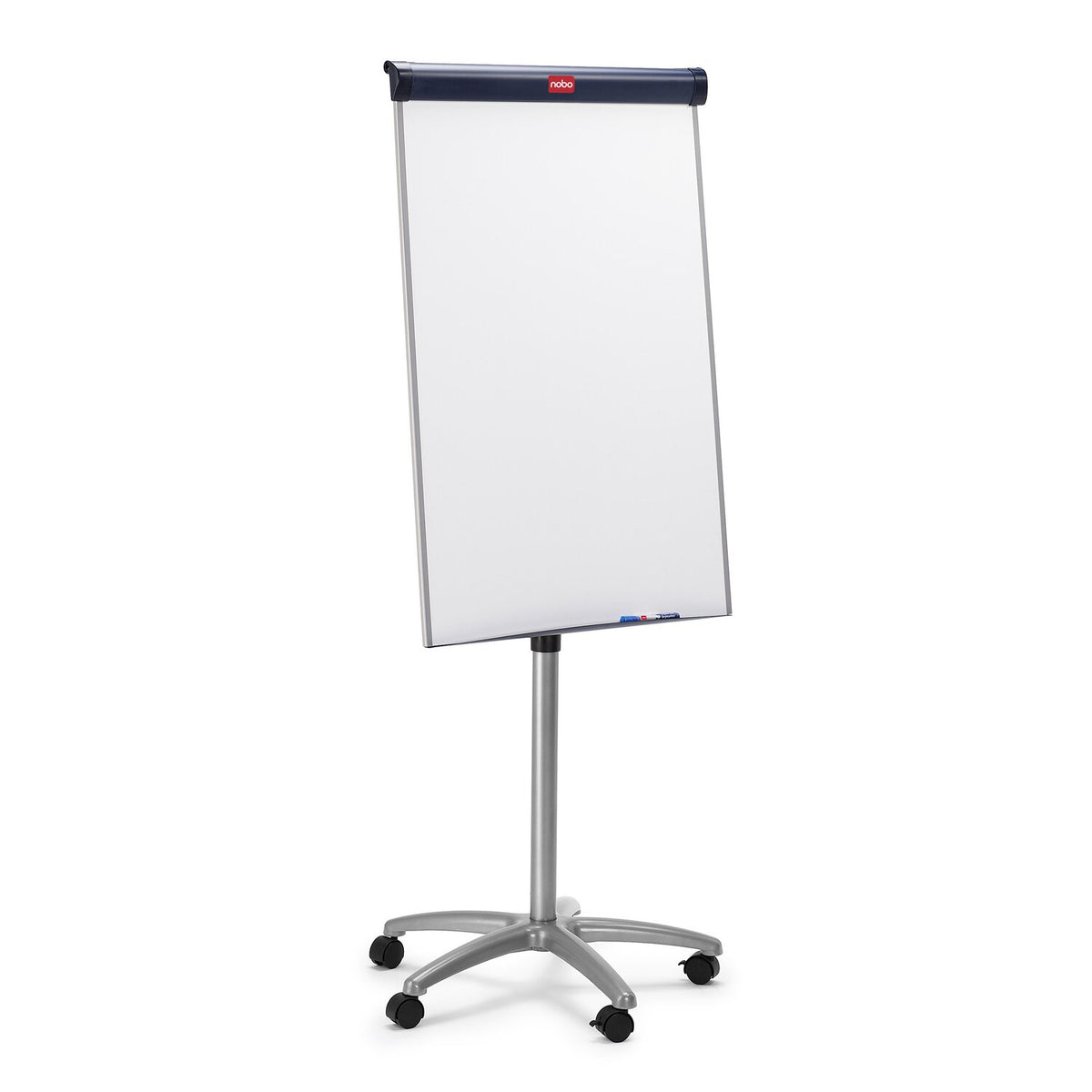 Nobo Barracuda mobile flipchart easel at an angle, white magnetic board with dark blue header and red Nobo badge on a silver stem and five castor base