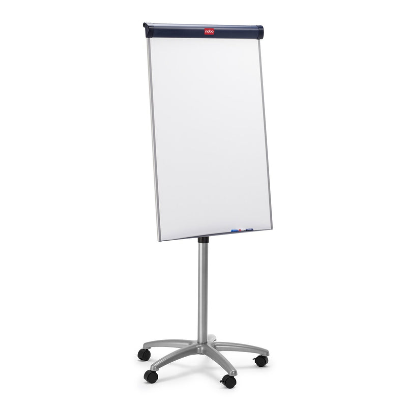 Nobo Barracuda mobile flipchart easel at an angle, white magnetic board with dark blue header and red Nobo badge on a silver stem and five castor base