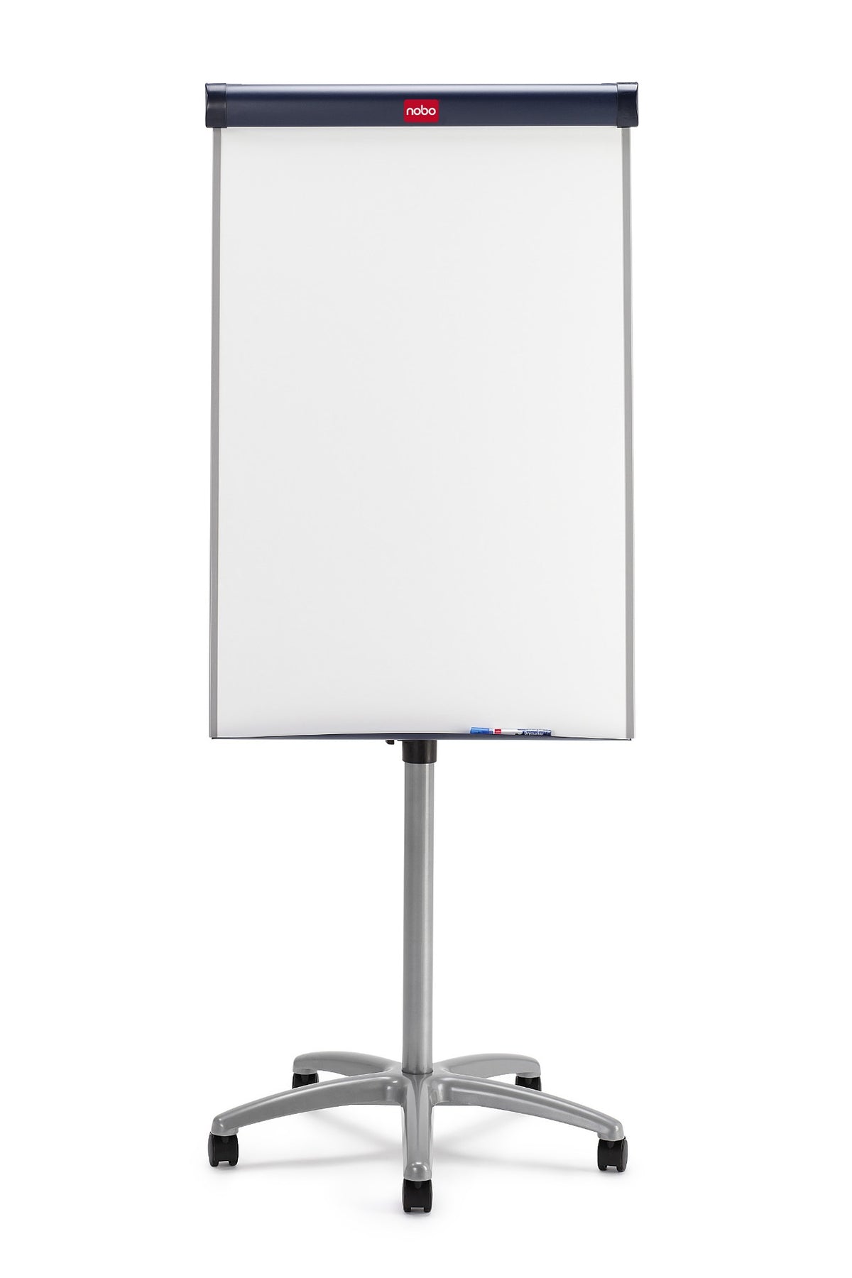 Front view of the Nobo Barracuda mobile flipchart easel showing the white drywipe board, markers in the pen tray and the five spoke castor base