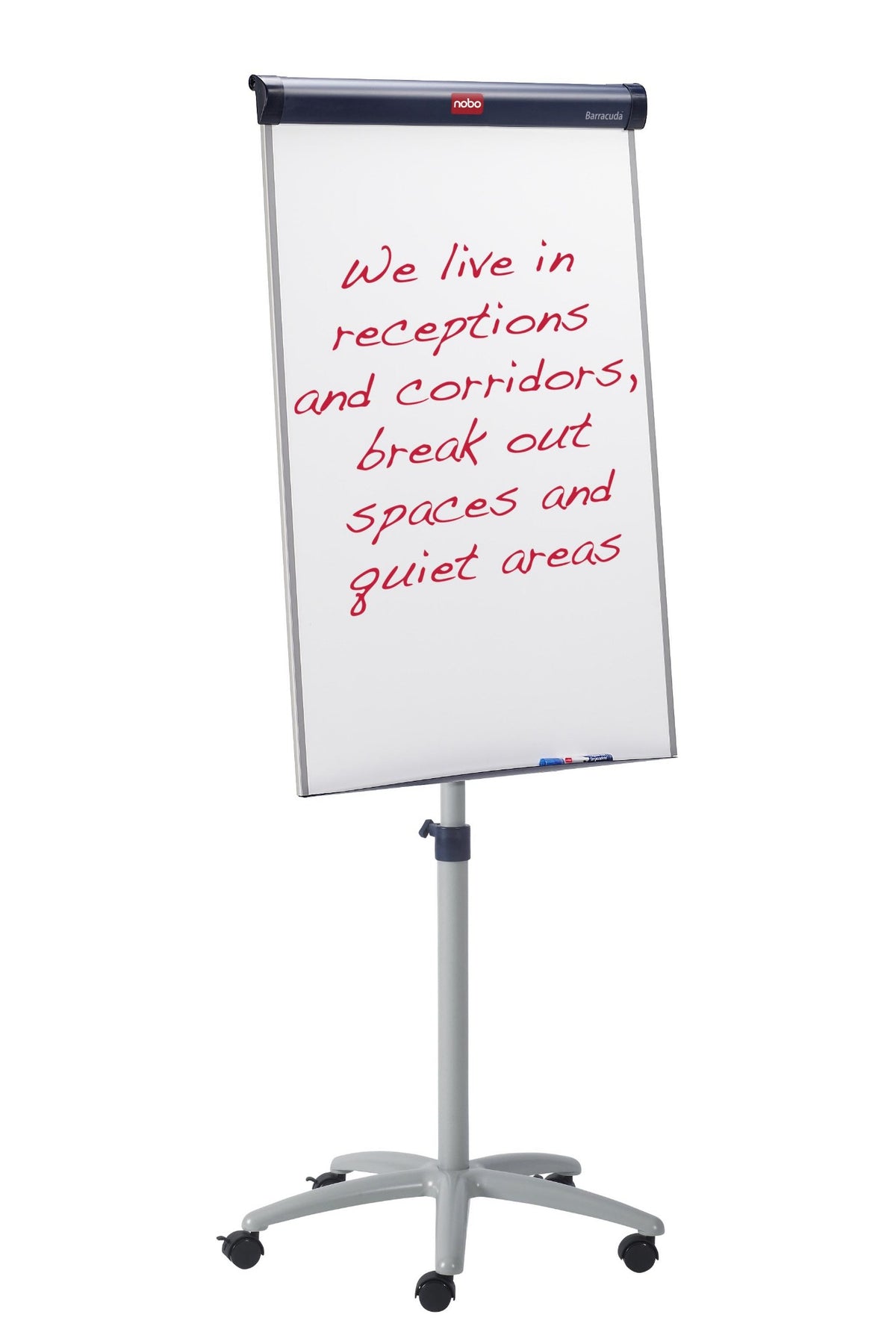 Nobo Barracuda easel with the central stem raised and handwritten red notes on the white magnetic drywipe board