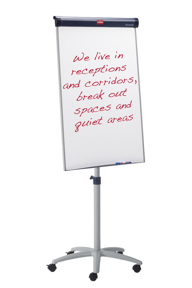 Nobo Barracuda easel with the central stem raised and handwritten red notes on the white magnetic drywipe board