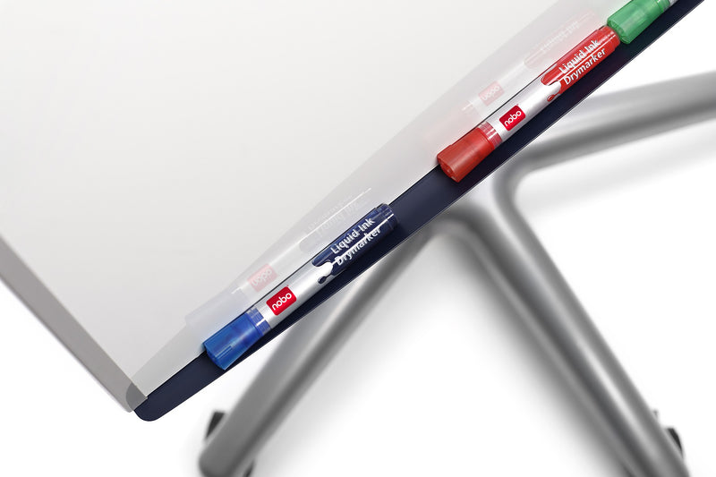 Close up of the Nobo Barracuda full width pen tray holding blue, red and green whiteboard markers below the board edge