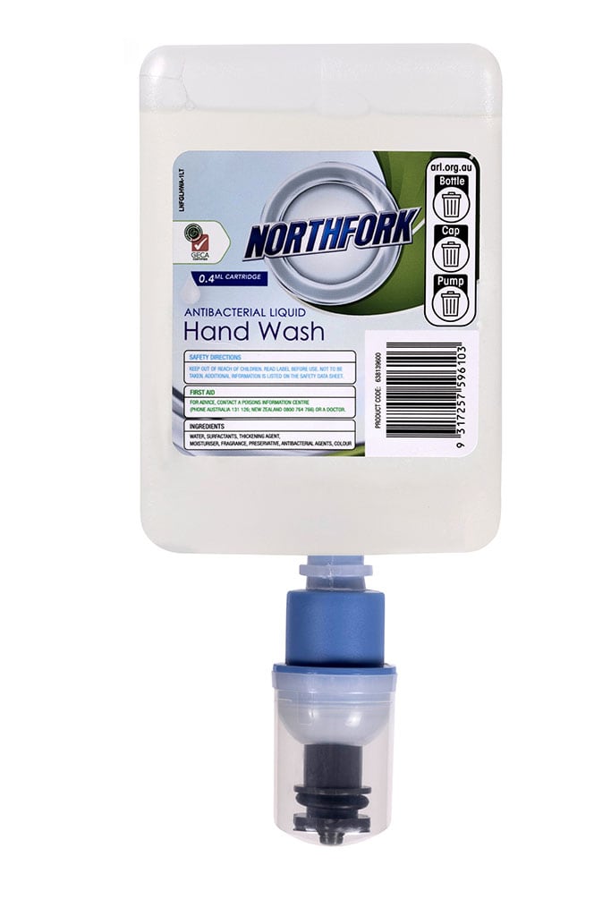 Northfork GECA Antibacterial Liquid Hand Wash 1 litre cartridge with 0.4ml dose pump, sold in a carton of 6