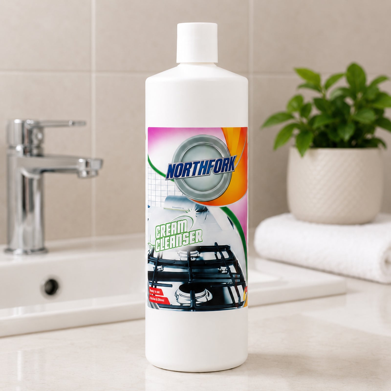 Northfork Cream Cleanser 1 Litre positioned beside a bathroom basin with neatly folded towels and a decorative plant. The clean bathroom environment demonstrates its suitability for sinks, basins, chrome fittings and other bathroom surfaces.